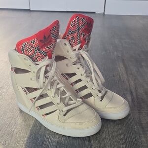 Adidas Women's Beige and Red High-Top Sneakers